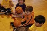 Children sitting in gym holding basketballs.
